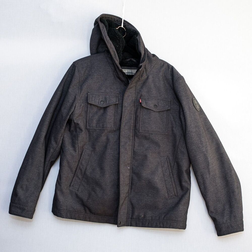 Levi's Jacket Soft Shell Sherpa Lined Hooded Trucker Coat Gray Large Barn chore